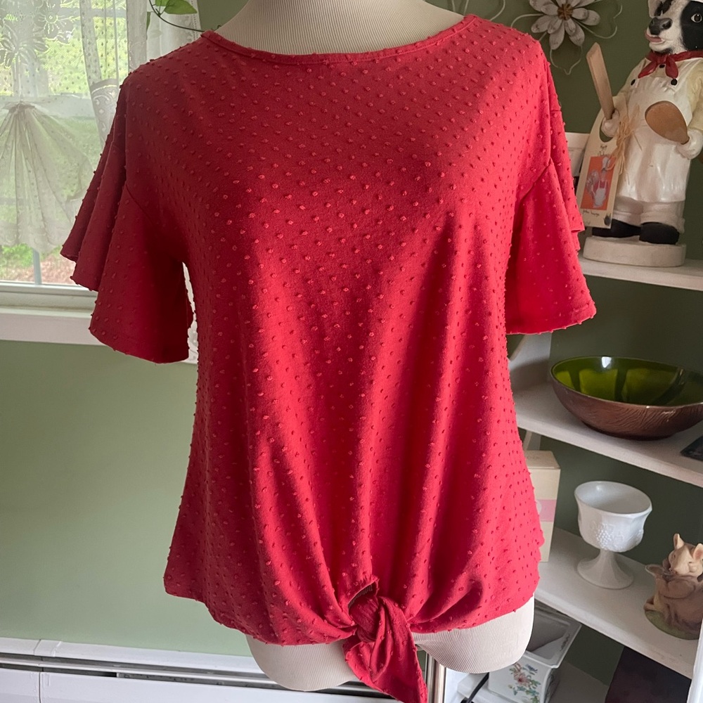 Cupios textured Women's Red Textured Top W Flutter sleeve M